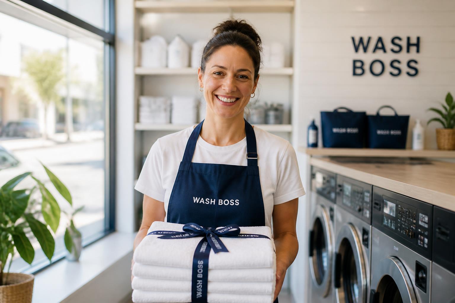 Friendly Wash Boss team member holding a fresh stack of folded towels